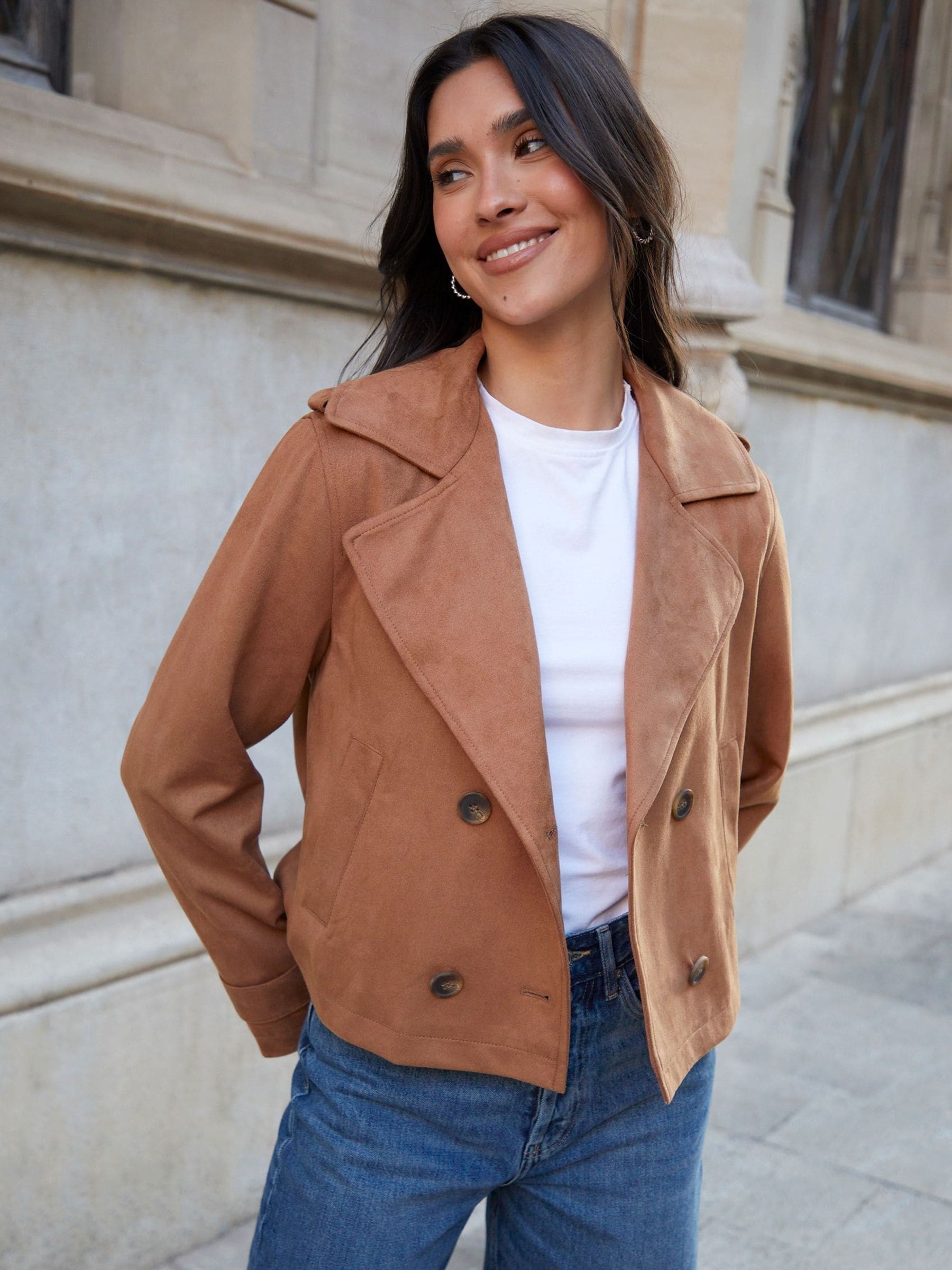 Taupe - Threadbare Suedette Cropped Trench Jacket