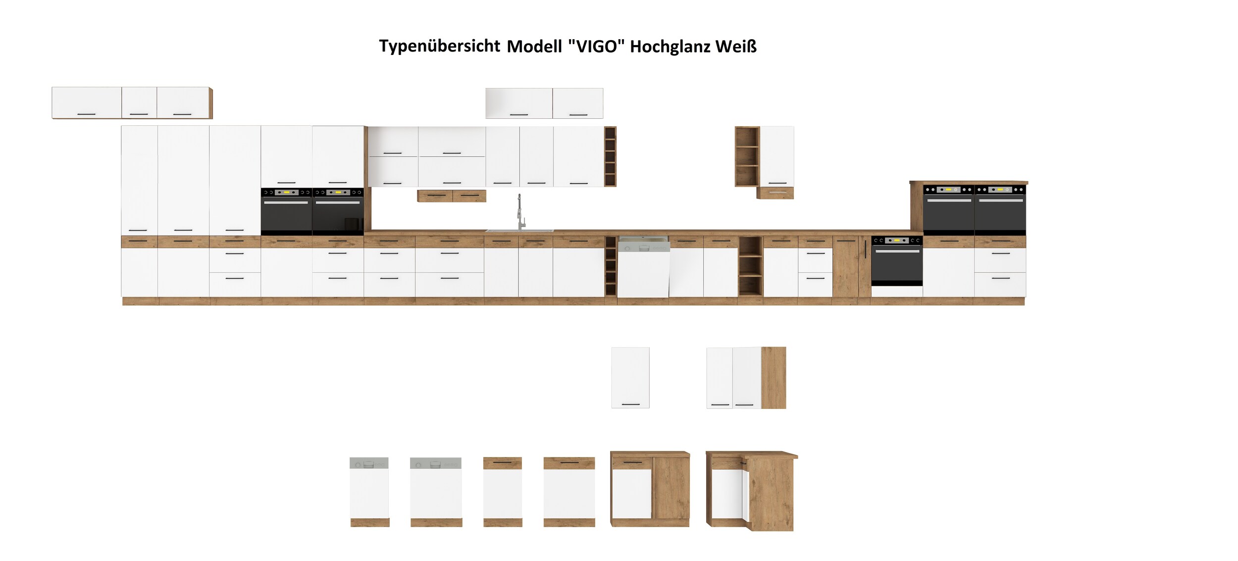 Vigo Aufsatzschrank Hochschrank 40 cm Eiche Lancelot Weiß Hochglanz Küchenzeile