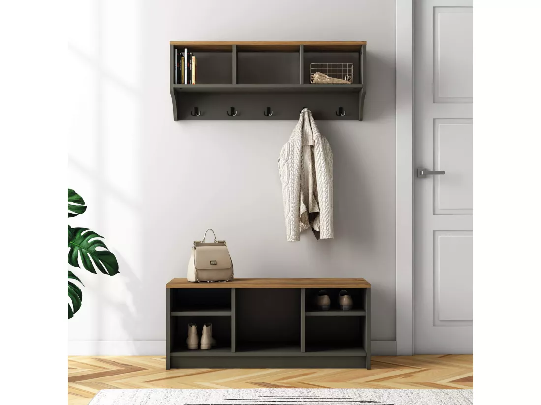 Range-Chaussures et Porte-Manteau Saegi 42x100x35 Panneau de particules Acier Gris Foncé Marron Foncé Moderne ENSEMBLE 2 pièces
