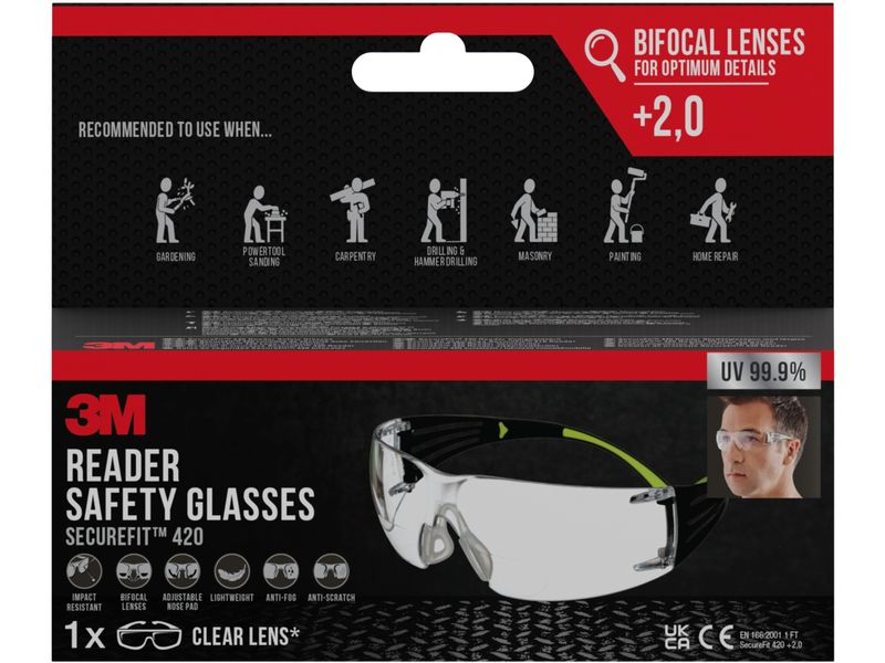 3M Schutzbrille SecureFit 420 mit  2.0 Dioptrie, Transparen Bügelbrille mit Lesebrille SF420 und  2.0 Dioptrie
