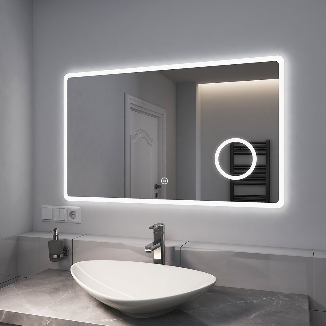 EMKE Badkamerspiegel met verlichting, LED-badkamerspiegel met aanraakschakelaar, 3x vergroting, 100 x 60 cm, koud wit/warm wit/neutraal wit