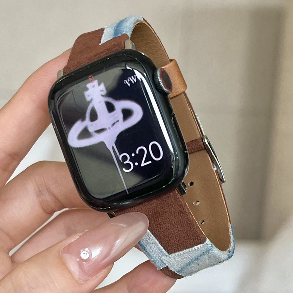 Apple Watch (49/46/45/44 mm) Leder und Jeans Patchwork Armband mit Dornschliesse (Gelenkumfang: 130 - 210 mm) - Braun / Blau
