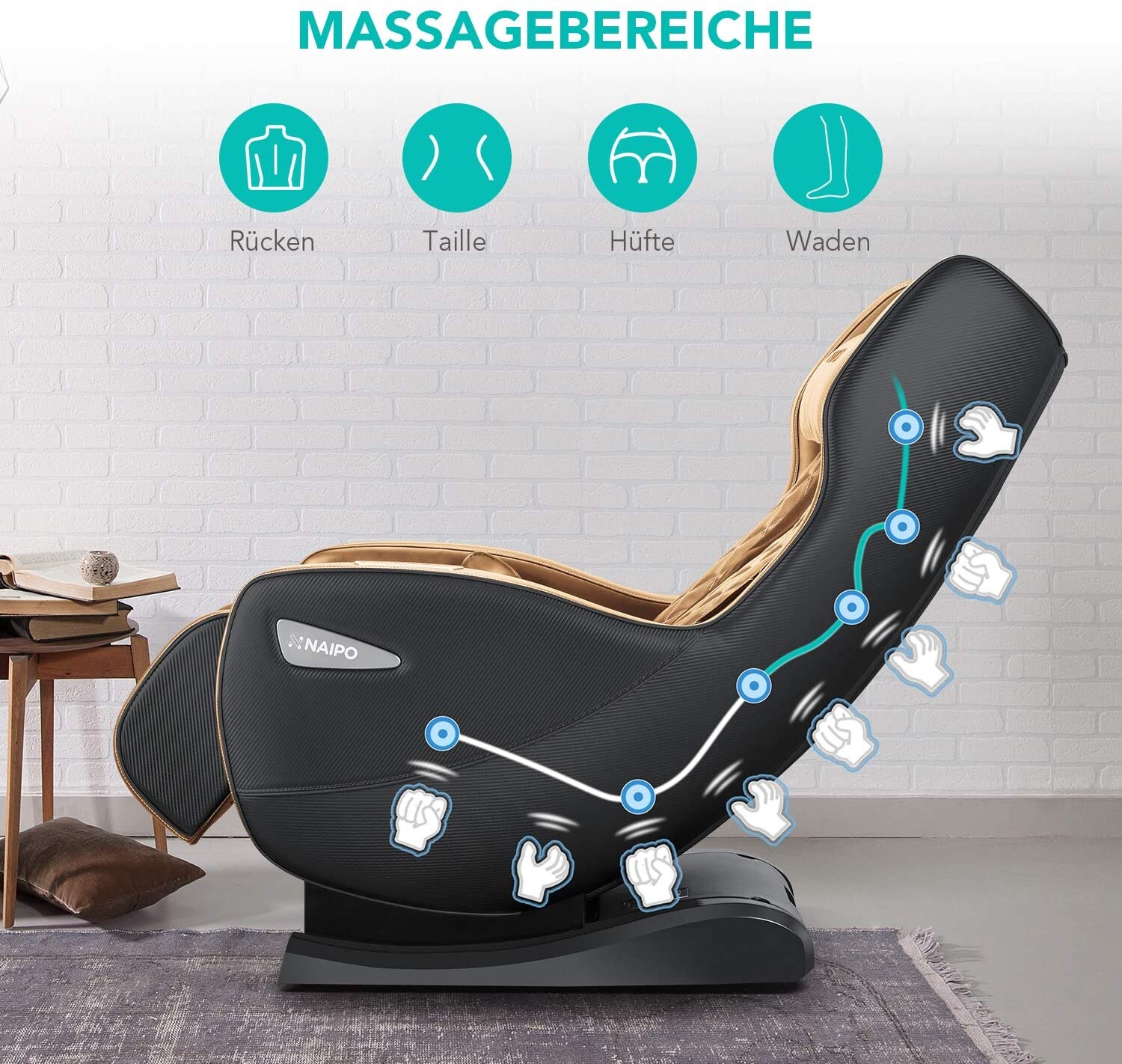 NAIPO Shiatsu Massagesessel Massagestuhl mit Klopfen Kneten Luft-Massage-System Bluetooth 3D Surround Sound Musik