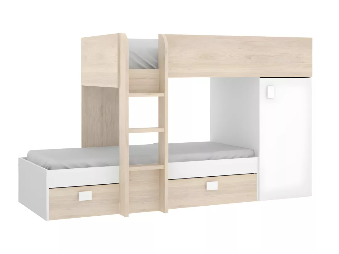 Lits superposés d'angle réversibles RICARDO - 2 x 90 x 190 cm - Rangements intégrés - Chêne et blanc + matelas