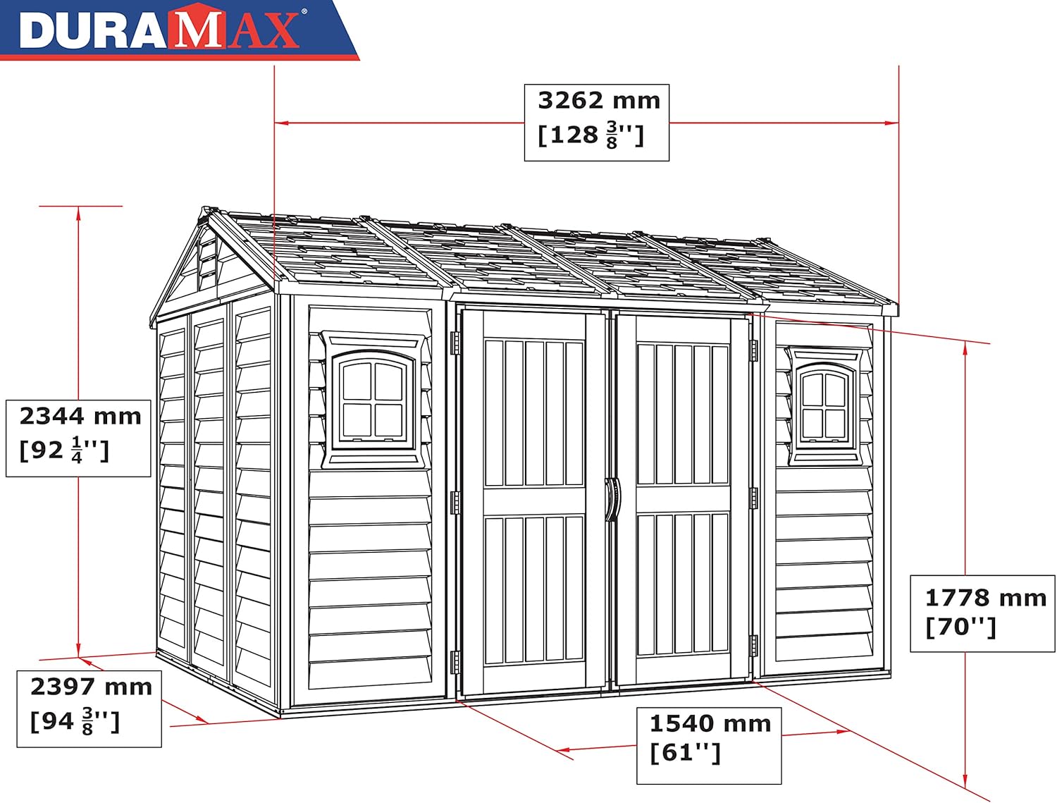 Duramax Apex 10.5 x 8 (7.64 m²) Kunststoff gerätehaus mit 2 festen Fenstern und Metallfundamentset, Allwetterlösung für den Außenbereich, zum Abstellen von Fahrrädern, Gerätehaus, Adobe & Brown