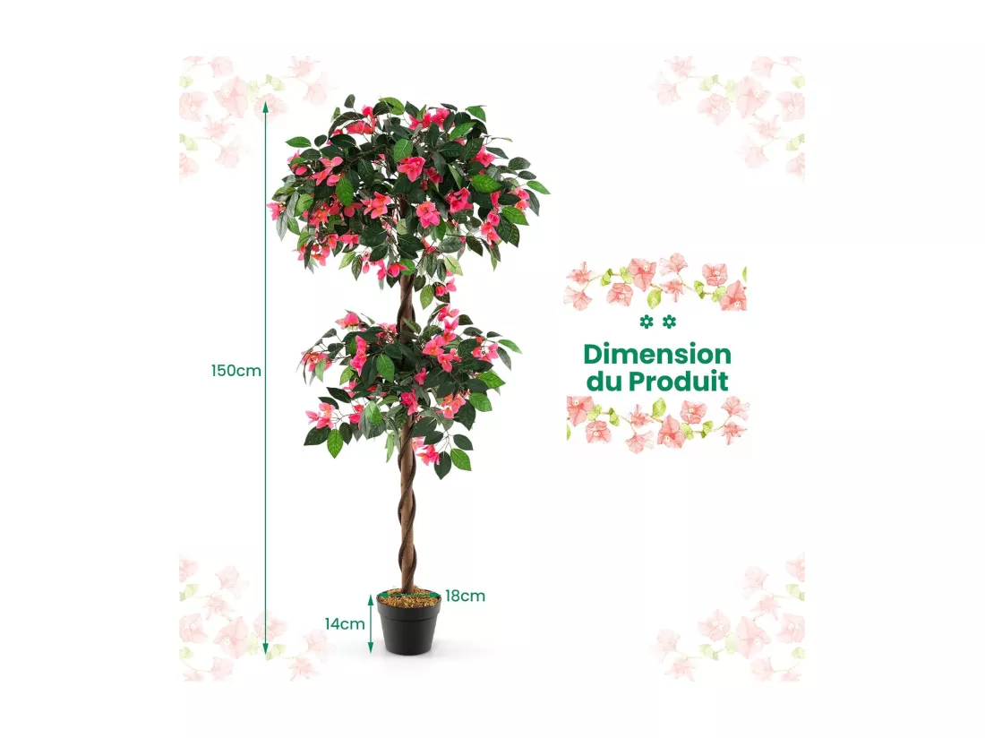 Plante Artificielle en Pot Remplies de Ciment 140CM avec 252 Fleurs, Fausse Bougainvillier avec Tronc en Bois Véritable, Décoration Moderne pour Salon Balcon Porche Bureau