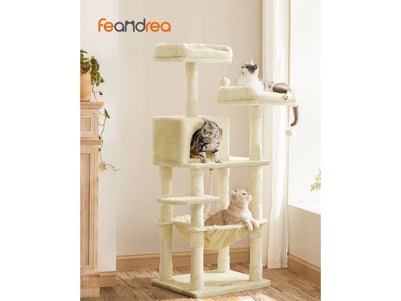 Feandrea Kratzbaum mit Hängematte 143 cm, Beige Kuscheliges Katzenhaus