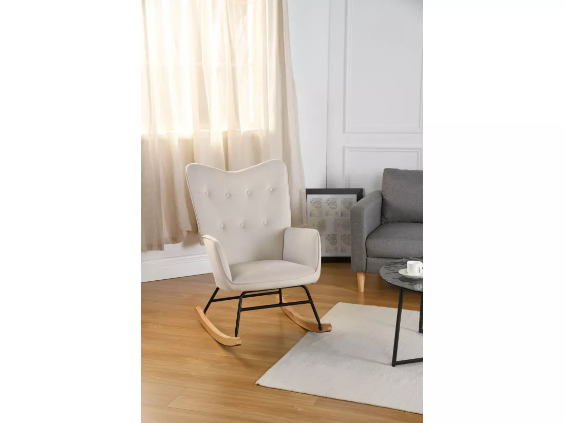 Fauteuil à bascule Scandinave velours beige Pieds en bois de hêtre EPPING VELVET BEIGE