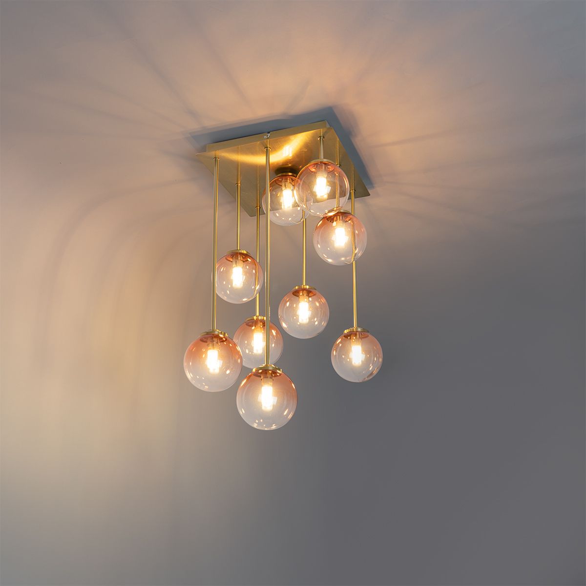 Art Deco plafondlamp goud met roze glas 9-lichts - Athens
