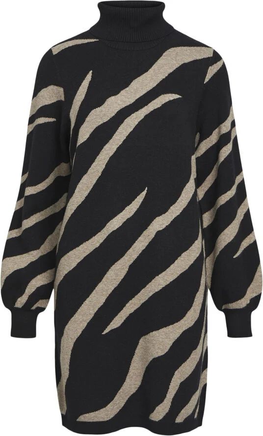 Object OBJRAY L/S KNIT ROLLNECK DRESS AOP Black/desert taupe tiger graphic