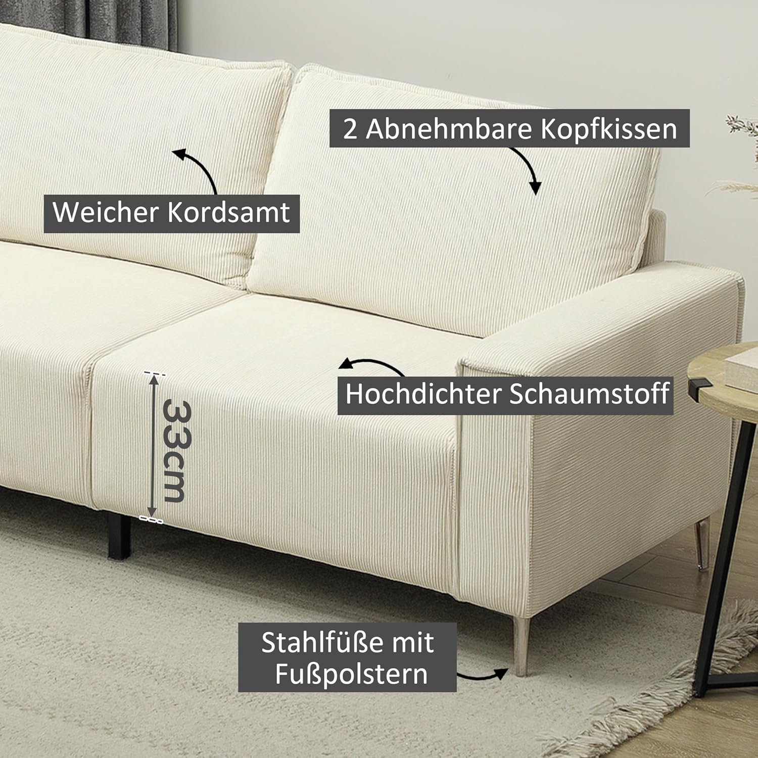 HOMCOM 3-Sitzer Sofa, Couch mit Armlehnen, Rückenkissen, Wohnzimmersofa mit Cordbezug, Federkern, Dick Gepolstert Polstersofa für Wohnzimmer, Schlafzimmer 193 x 77 x 80 cm, Cremeweiß