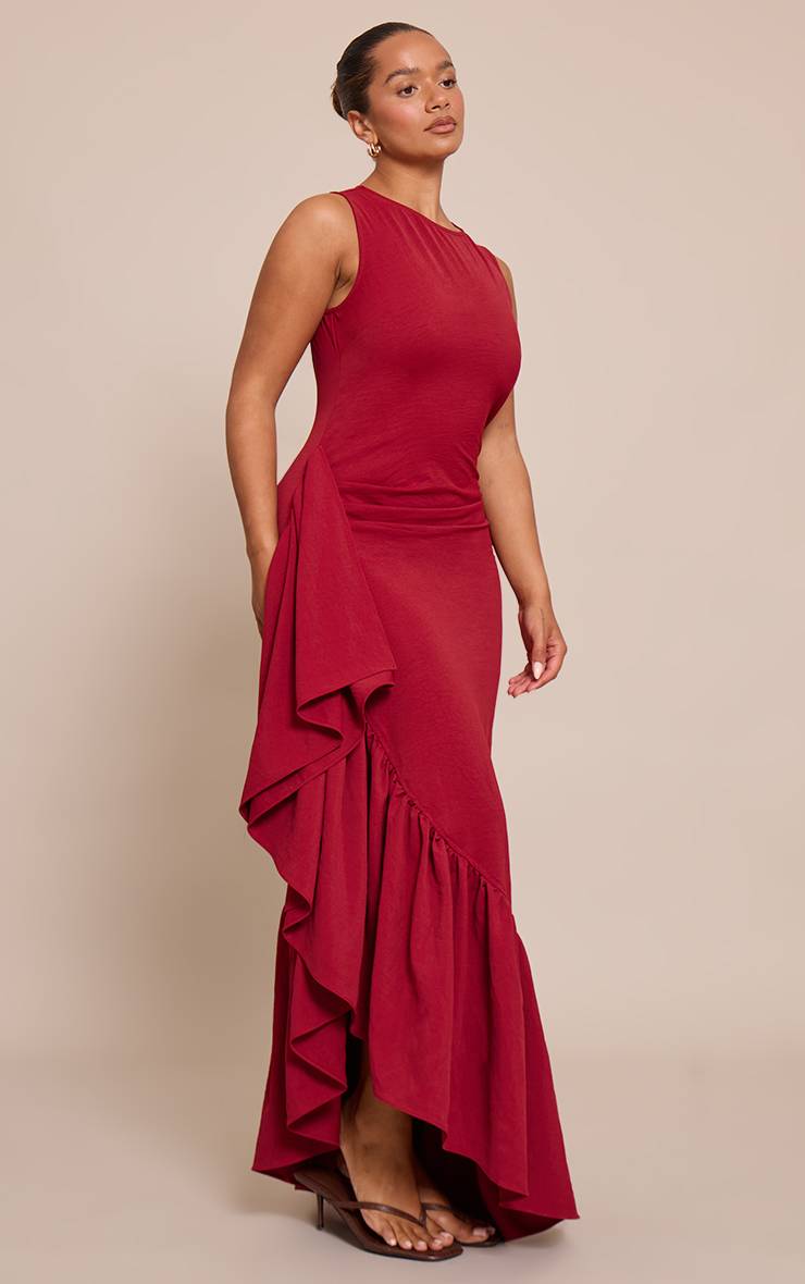 Rouge Robe Maxi Moulante En Tissu Stretch À Encolure Bateau Avec Fente Latérale Et Volant