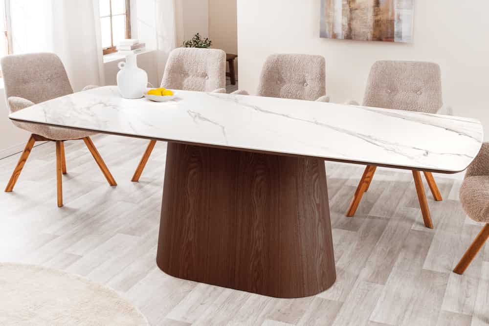 Design Esstisch UNIQUE 200cm weiß Walnuss Keramik Marmor Säulenfuß