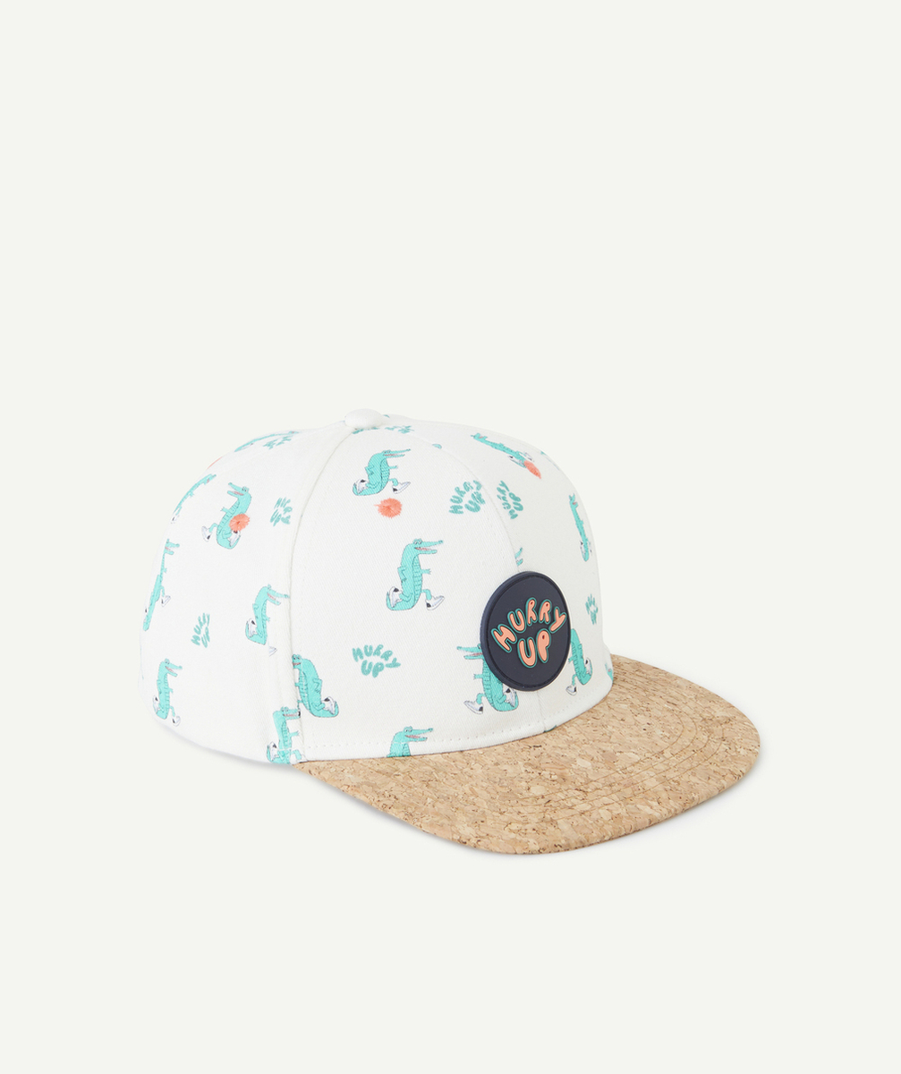 CASQUETTE GARÇON BLANCHE AVEC IMPRIMÉ CROCO ET EFFET LIÈGE