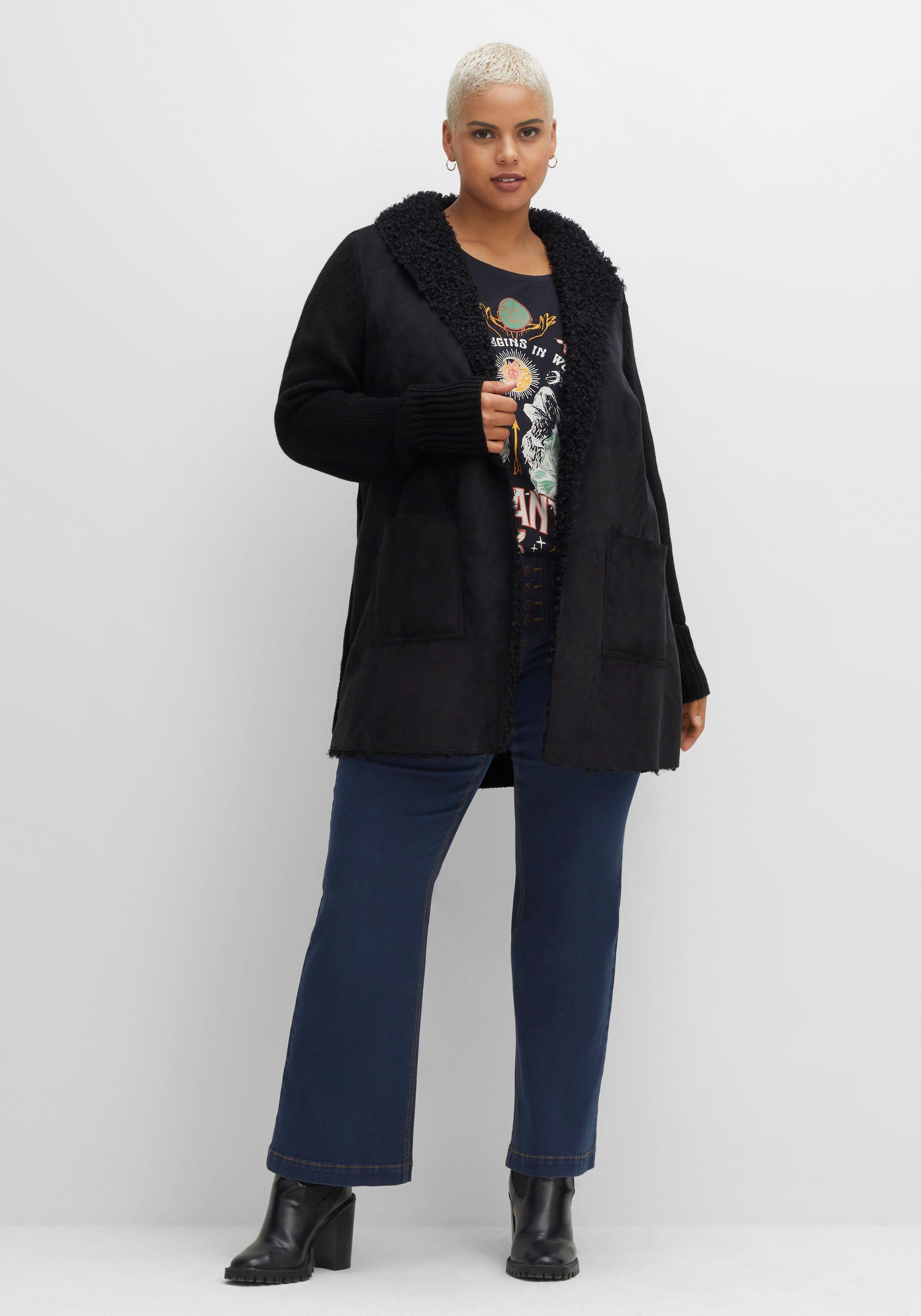 Longstrickjacke mit Kragen in Felloptik, verschlusslos