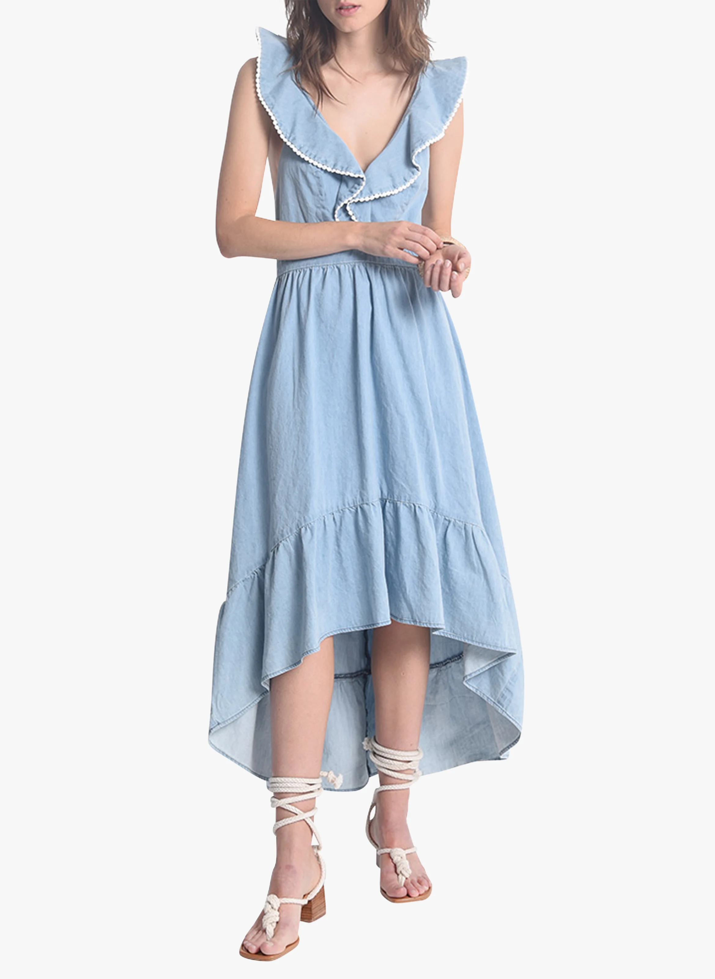 Robe longue dos nu en coton| Bleu