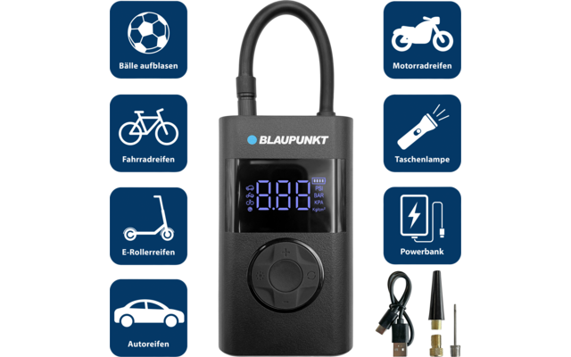 Blaupunkt Tragbare Akku-Luftpumpe TPM 124 mit Powerbank-Funktion / integrierter LED