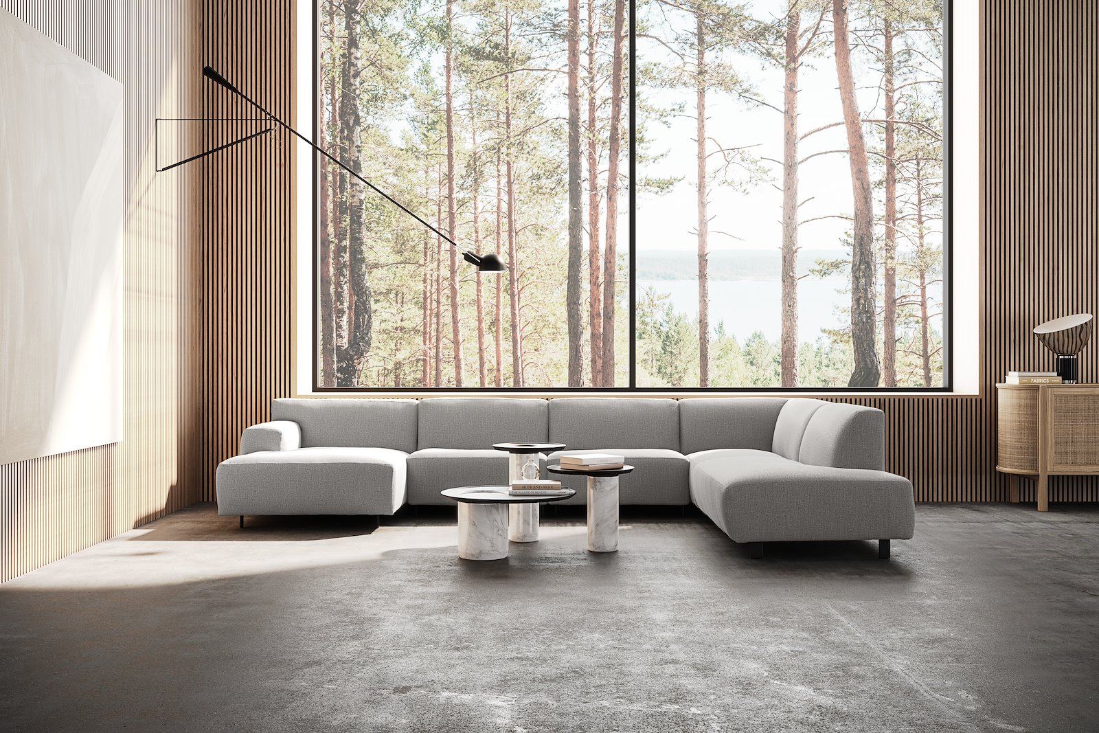 Vesta U-sofa Sjeselong venstre, 3-seter og åpen ende høyre. Big hjørnemodul, Tekstil Marsel Light grey, sort metallben 10 cm, Comfort CM