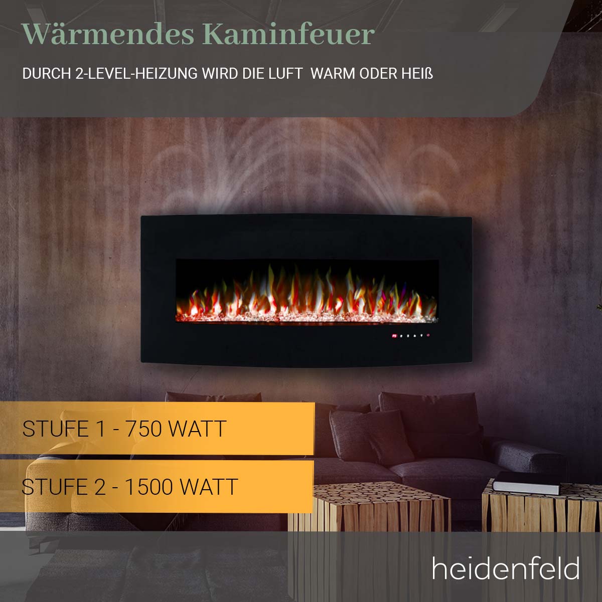 Heidenfeld Elektrokamin HF-WK400, elektrischer Kamin, Curved-Glas, 3D-Flammeneffekt, 2-Level-Heizung