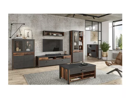 Buffet haut collection WINDSOR. Coloris gris anthracite et chêne foncé.