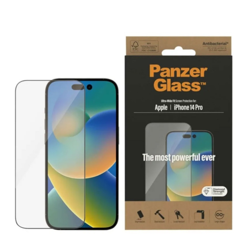 iPhone 14 Pro Antibakterielles Ultra Wide Fit Panzer Glas Displayschutz Case Friendly (2784)