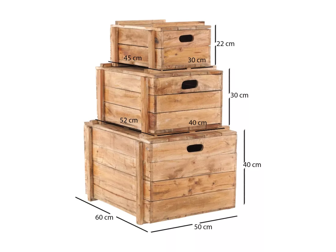 ENSEMBLE DE CAISSES Yoya 60 3-pièces. Bois massif, avec couvercle, empilable couleurs naturelles