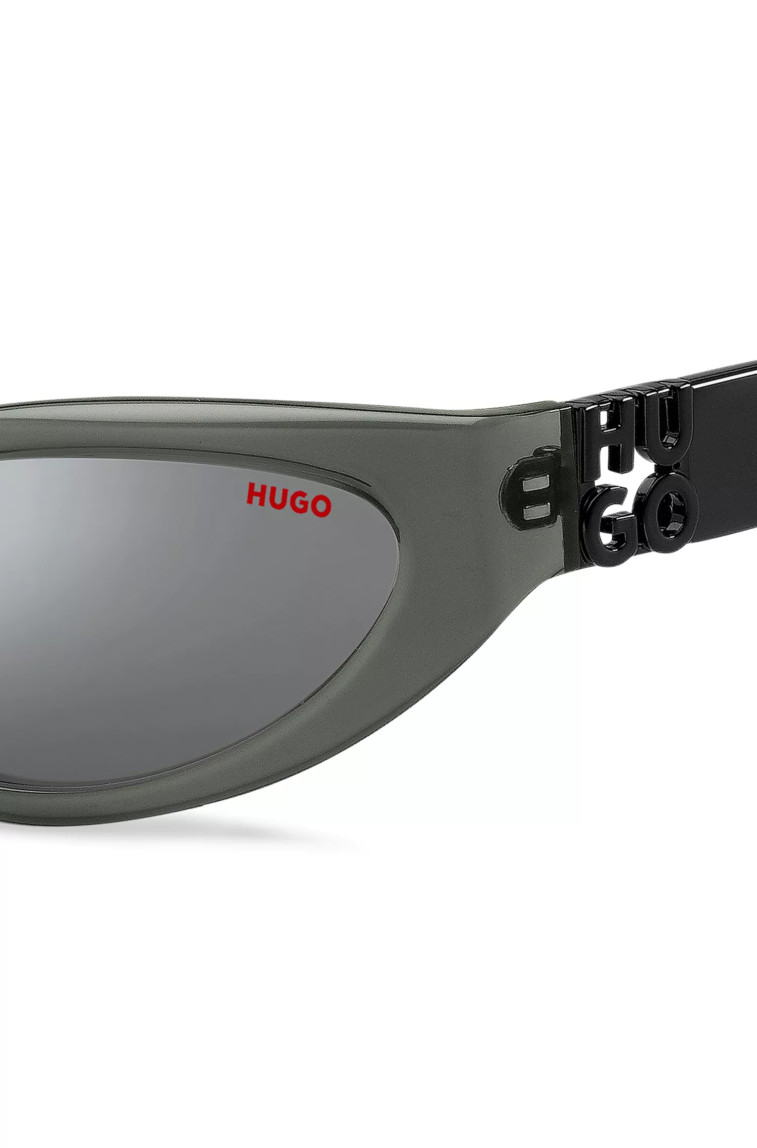 Óculos de sol HUGO em acetato vermelho-cinza com monograma 3D.