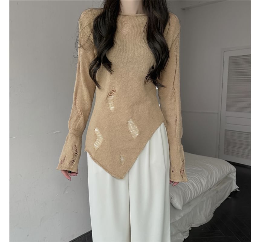 Shinsei - Lange mouwen, boothals, effen, asymmetrisch, versleten, doorschijnend, slim fit gebreide top