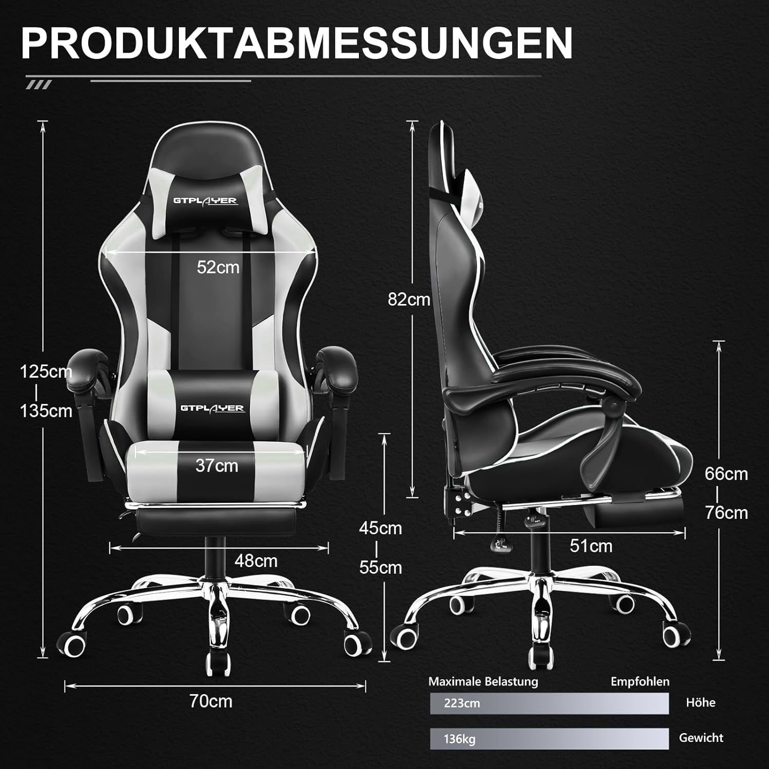 GTPLAYER Gaming Stuhl Bürostuhl Massage Gaming Sessel Ergonomischer Gamer Stuhl mit Fußstütze, Kopfstütze Massage-Lendenkissen, Gepolstert Gaming Chair, Drehsessel, weiß