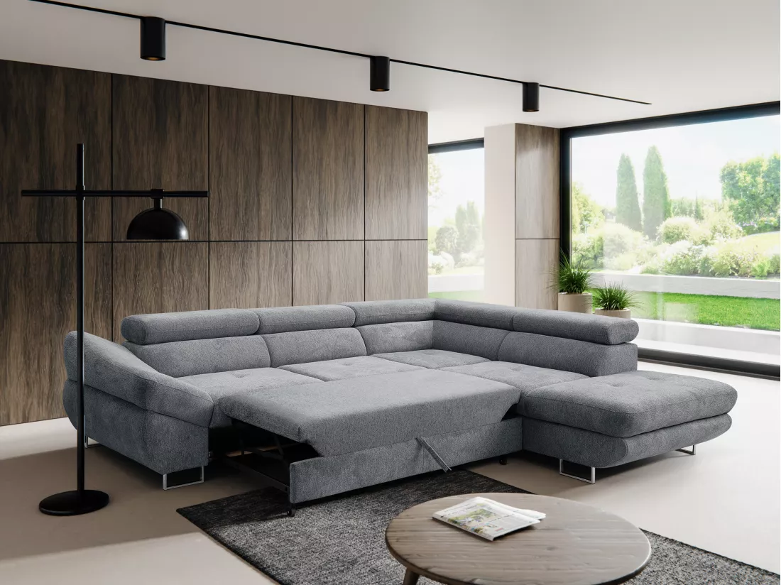 Canapé d'angle droit convertible en tissu texturé gris DALIAS