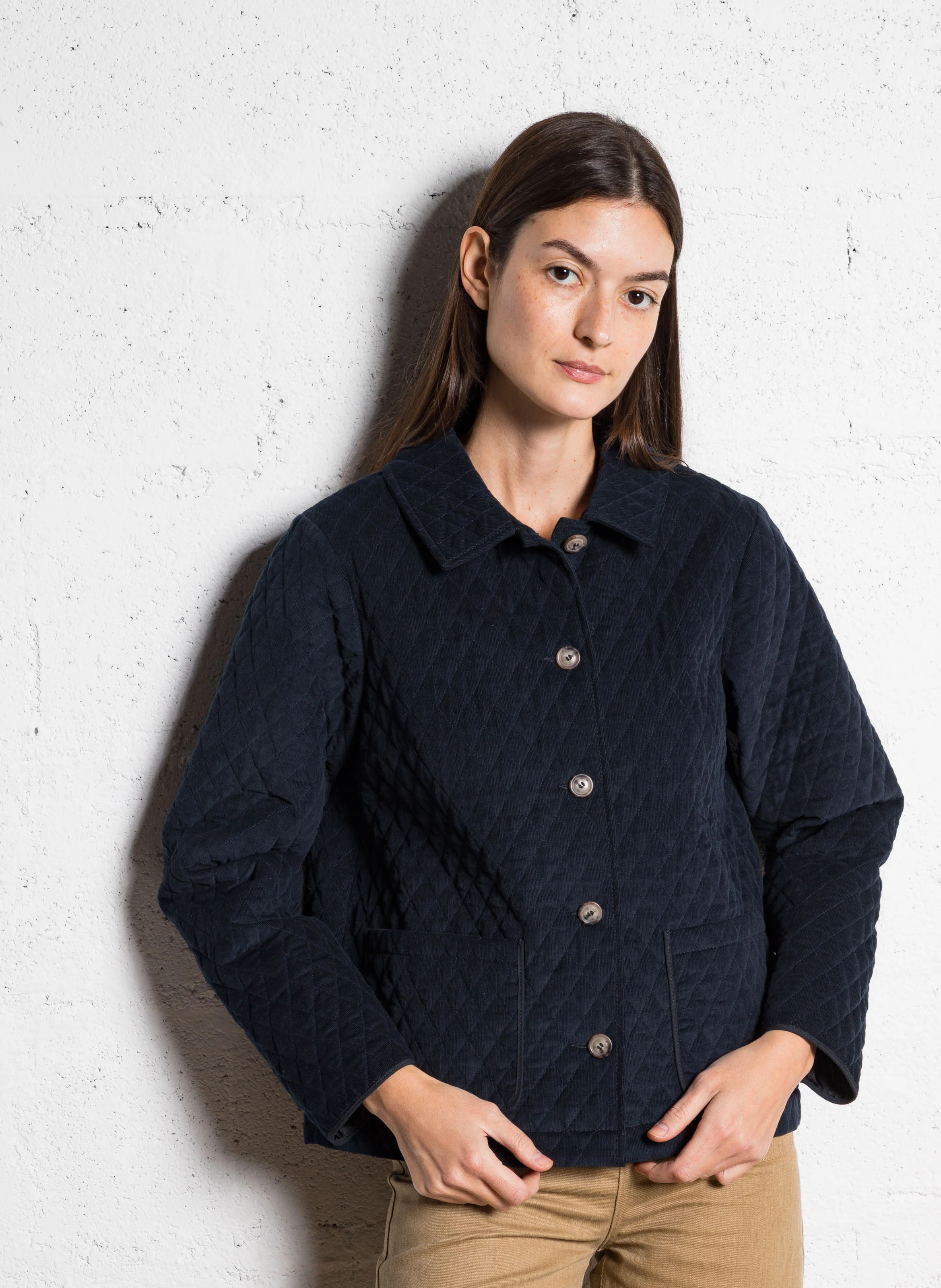 Veste droite col classique en coton mélangé | Bleu