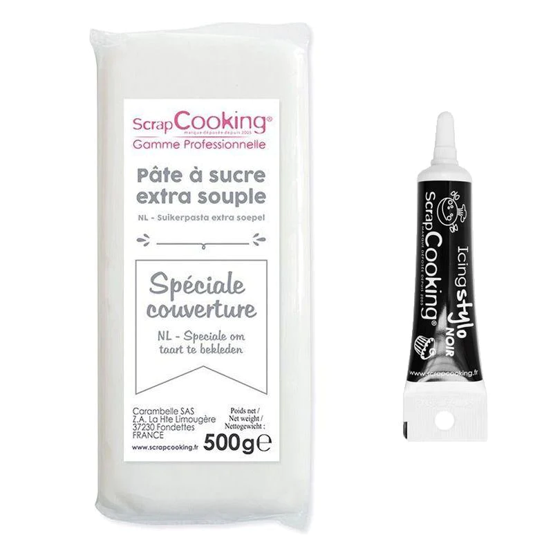 Pâte à sucre de couverture blanche 500 g + Stylo de glaçage noir Scrap