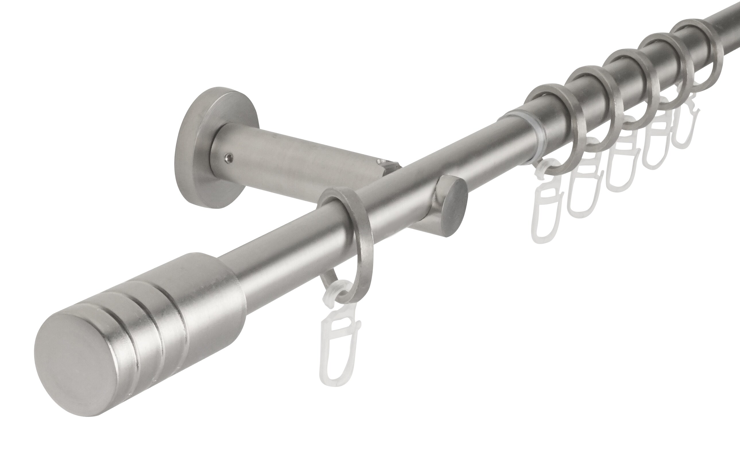 Ondeco Gardinenstange ausziehbar 1-lauf Wandmontage Endstück Rille 16/19 mm mit Ringen Farbe: Edelstahl-Optik, Größe: 120-210 cm