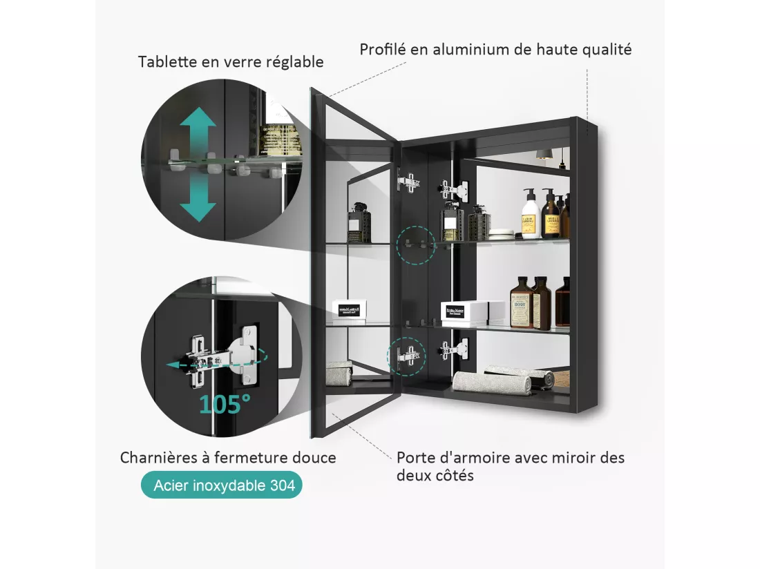 EMKE Armoires de toilette 50x65cm Noir Armoire Salle de Bain en Miroir Double Face