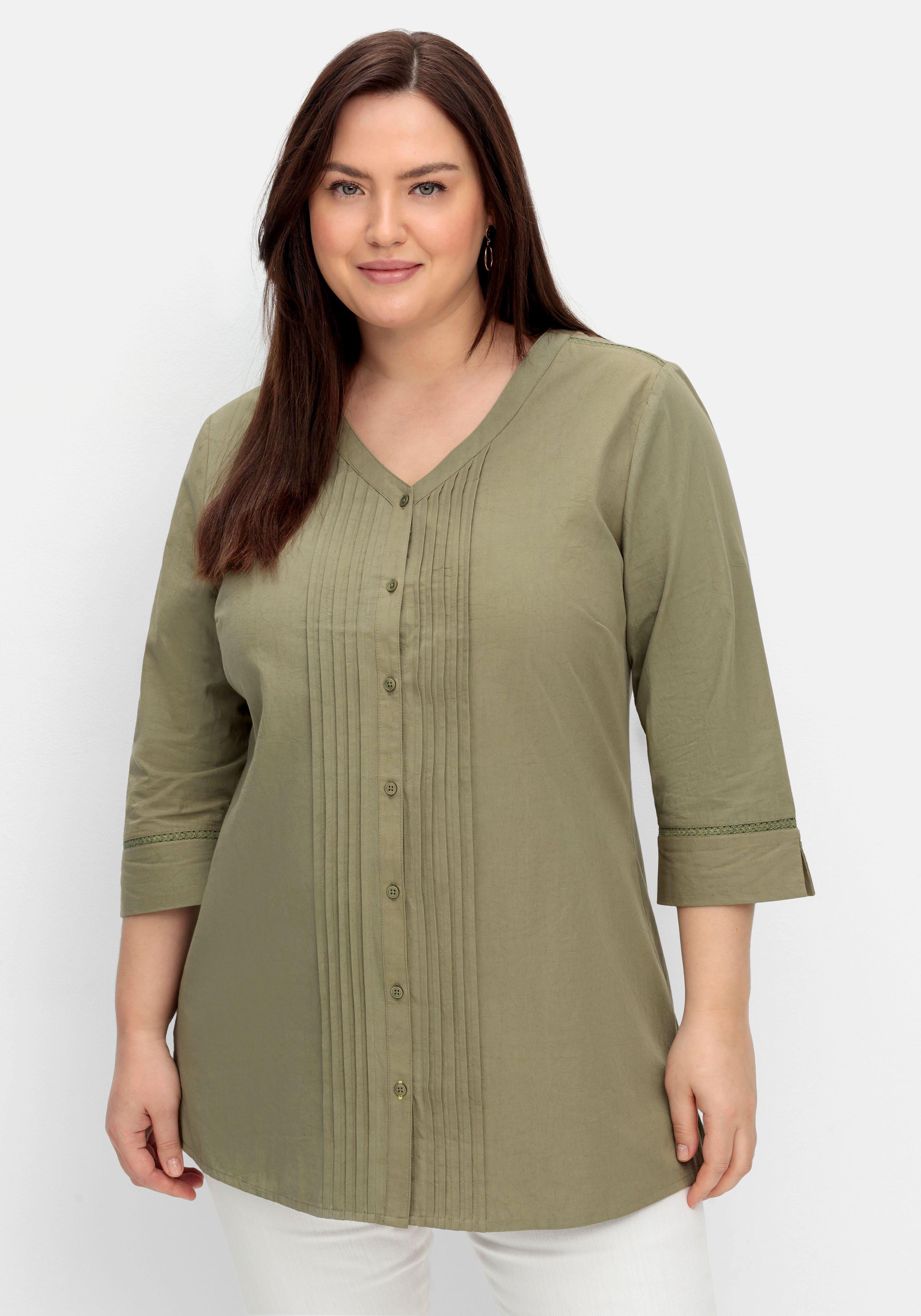 Bluse mit Biesen und Häkeldetails, aus Popeline