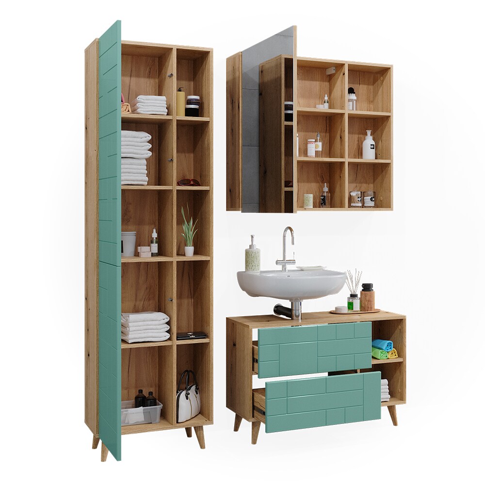Vicco Badmöbel-Set Rudi in Eiche Evoke Mintgrün, Badezimmer, moderne Badserie Waschbeckenunterschrank Spiegelschrank Hochschrank