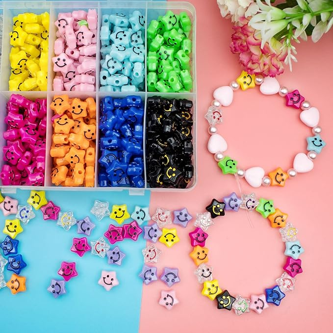 (50er Set) 10mm Acryl Stern Perlen DIY Bastel Schmuck Smiley Zwischenperle für Armband / Kette - Bunt
