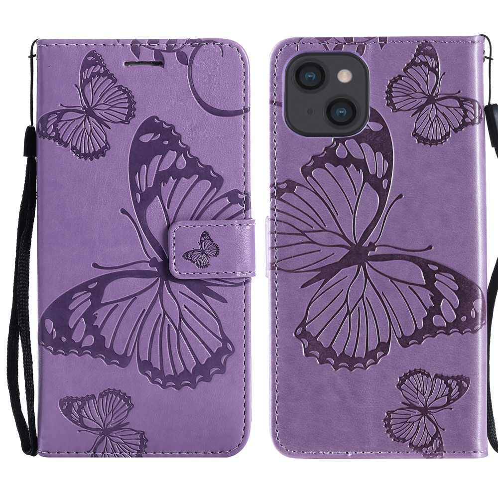 iPhone 13 Leder Tasche mit Kartenfach   Handschlaufe Schmetterling - Lila