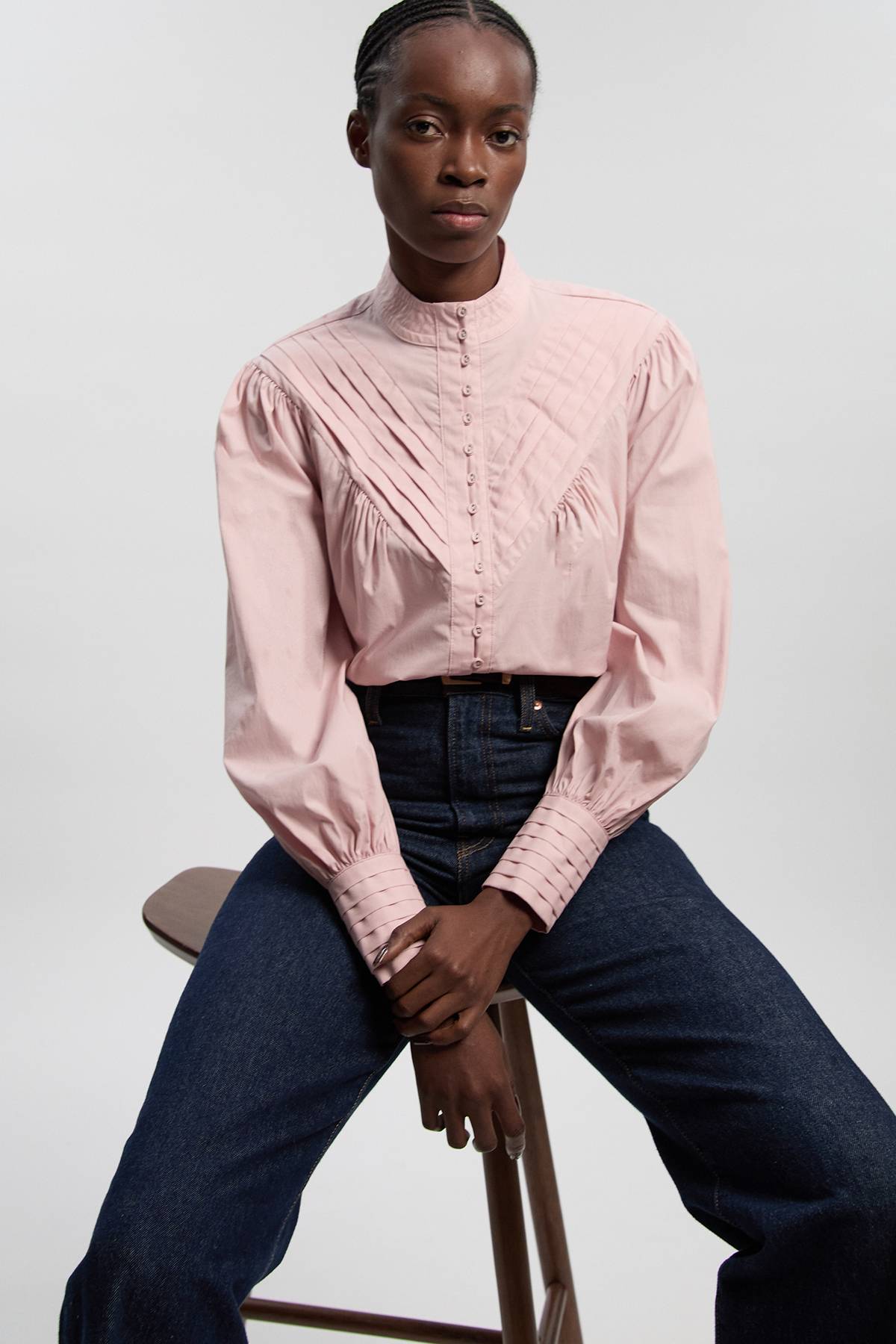 KarenMillen Blouse Tissée En Coton À Col Montant Plissé Et Manches Bouffantes