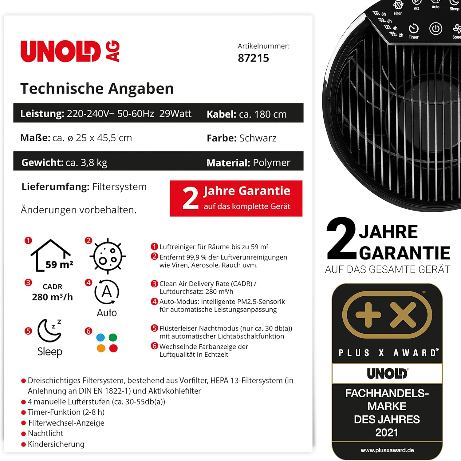 Unold 87215 Alpha Luftreiniger & 3-Fach Luftfilter (Hepa 13+ Aktivkohlenfilter+ Vorf im Schwarz entfernt Pollen, Staub, Viren und Allergene in Räumen mit bis zu 59 m²,99,97% effektiv