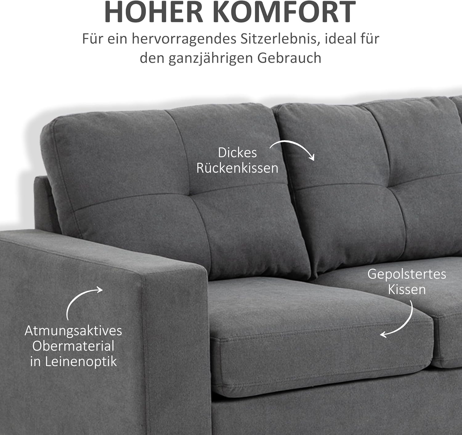 HOMCOM Ecksofa L-Form Sofa mit 3 Kissen, Eckcouch mit Knopfheftung, Leinenoptik, Veränderbare Chaiselounge Couch Wohnlandschaft für Wohnzimmer, Schlafzimmer 193 x 136 x 85 cm Dunkelgrau