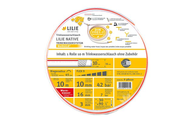 Lilie Native Trinkwasserschlauch für Warm- oder Kaltwasser 10x16 mm
