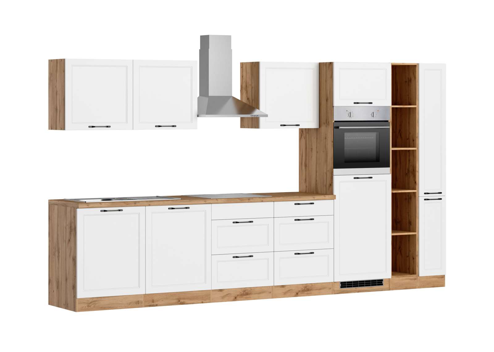 Küchenzeile MERAN - weiß - Wotaneiche - mit E-Geräten - Induktionskochfeld - 360 cm