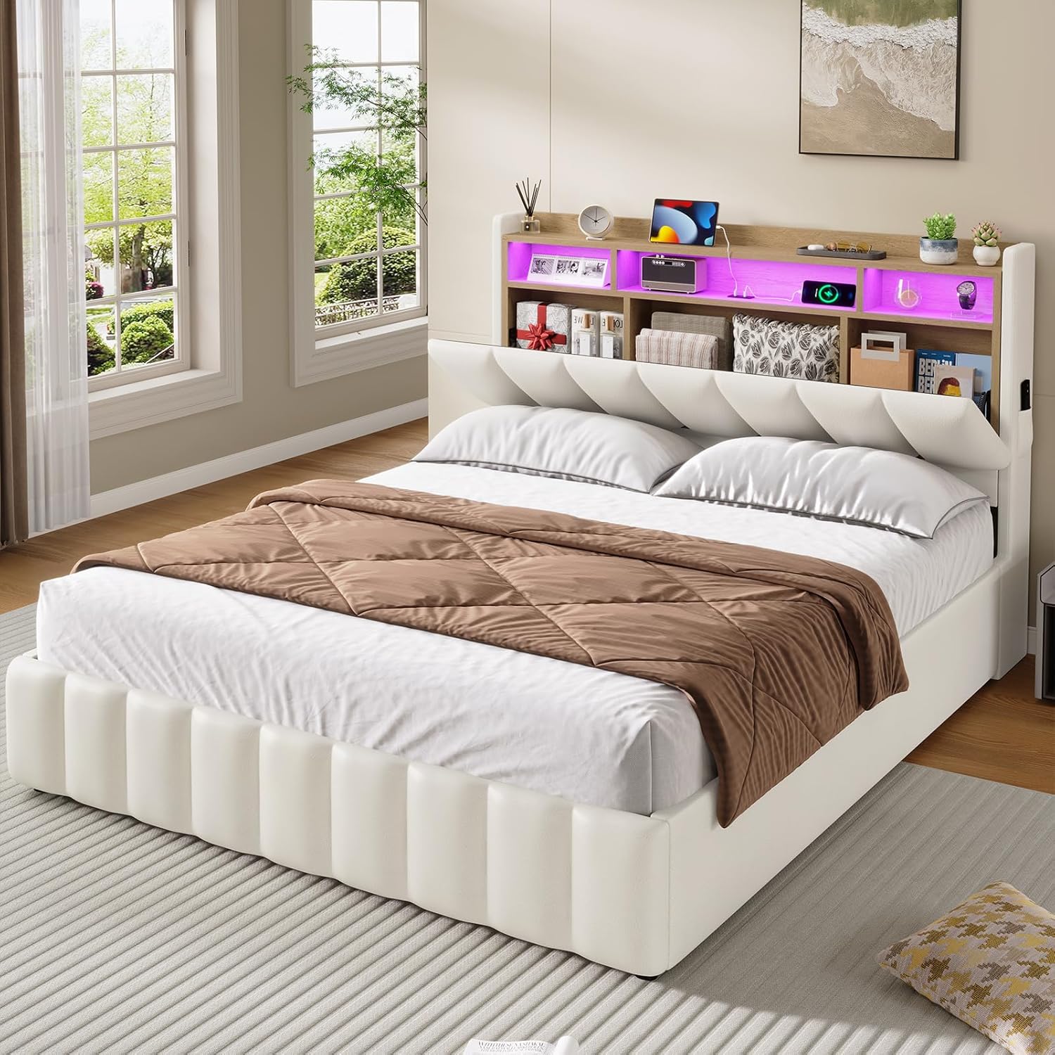 Bett mit LED Beleuchtung, Hydraulisches Bett 140 x 200 cm, Polsterbett, Regalkopfteil mit Stauraum, Bettgestell mit Lattenrost, bequem, für Schlafzimmer, Gästezimmer, PU Weiß