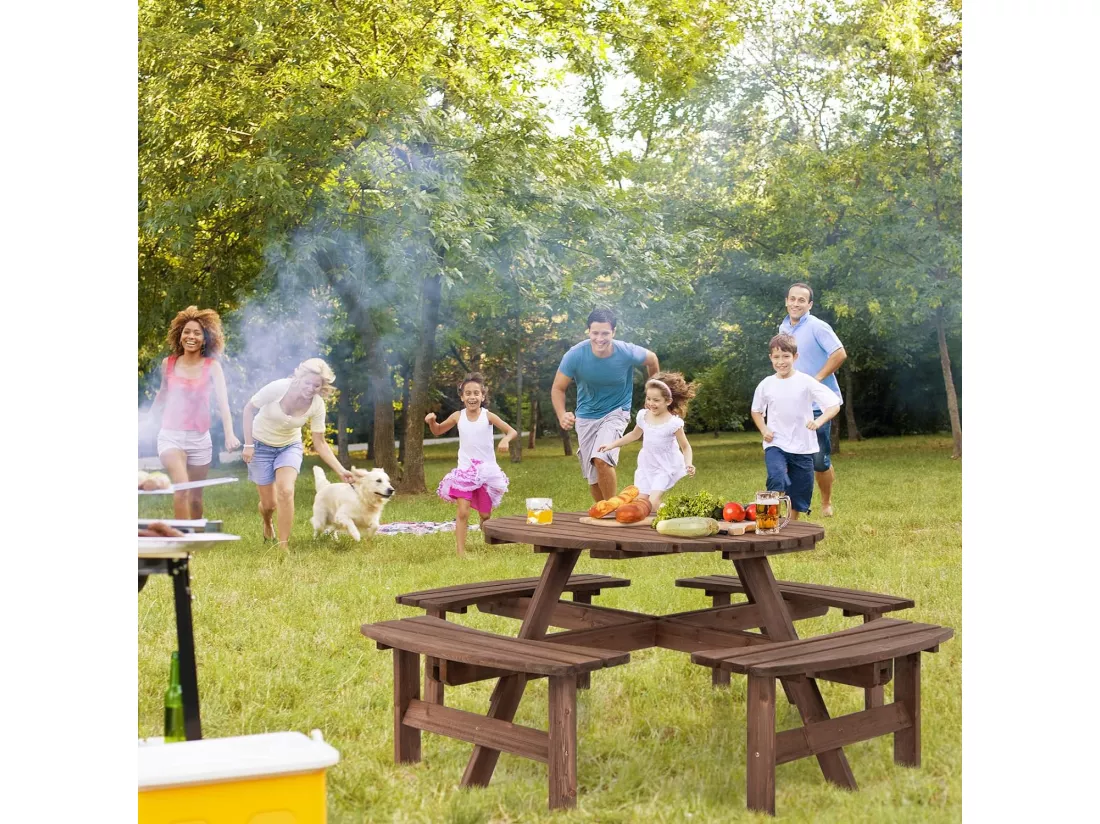 Ensemble Table de Pique-Nique en Bois avec Trou de Parasol, Set Table et Banc Jardin Résistant aux Intempéries Chaque Banc Charge 225 KG pour 8 Personnes, pour Patio Pelouse
