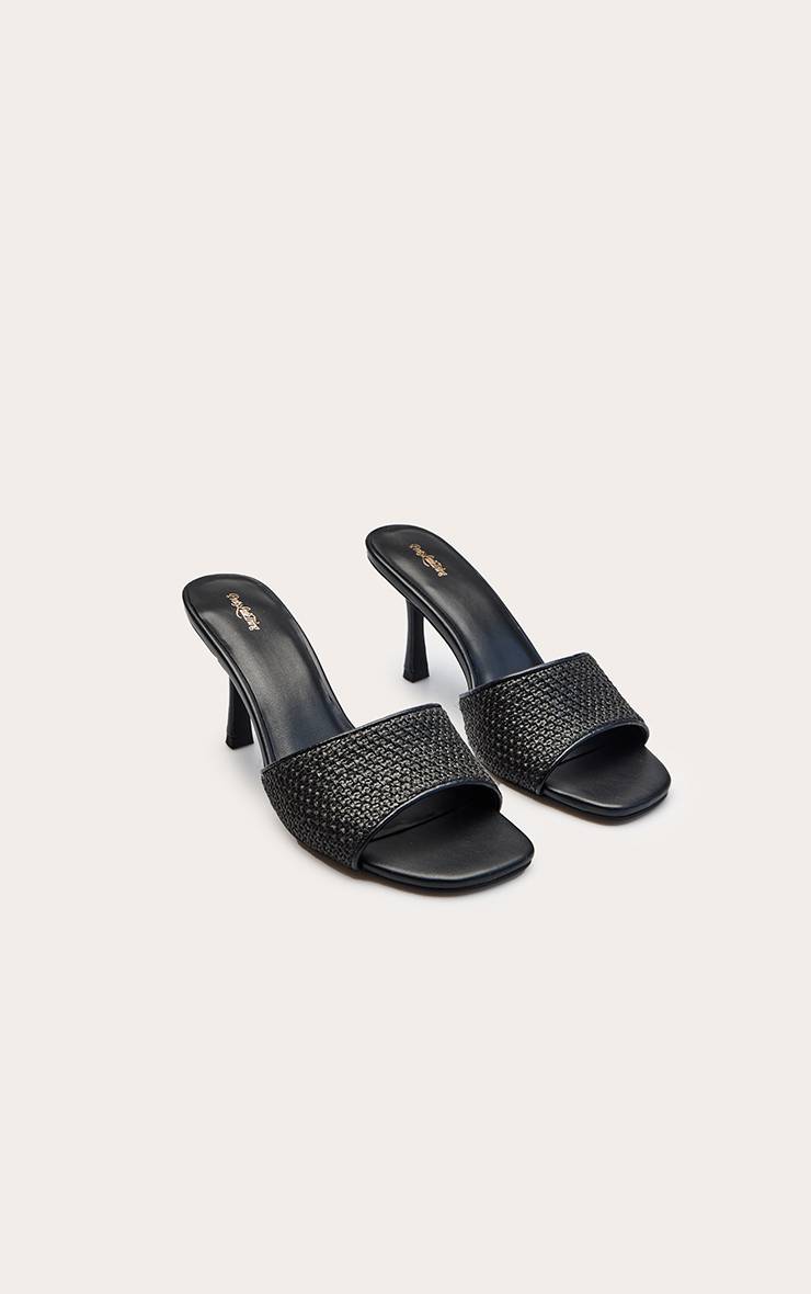 Noir Mules À Talon Bout Carré Texturées