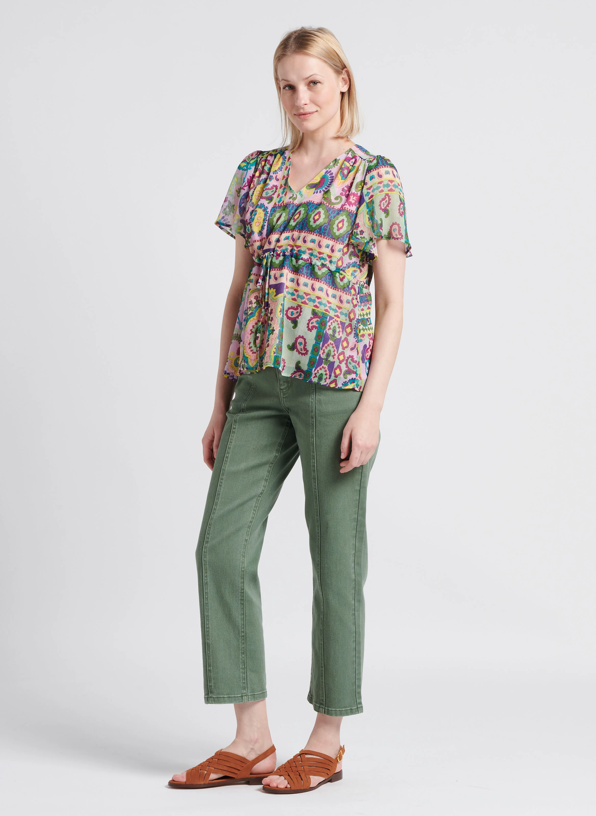 TRIO LIDA - Jean droit taille haute en coton mélangé | Vert