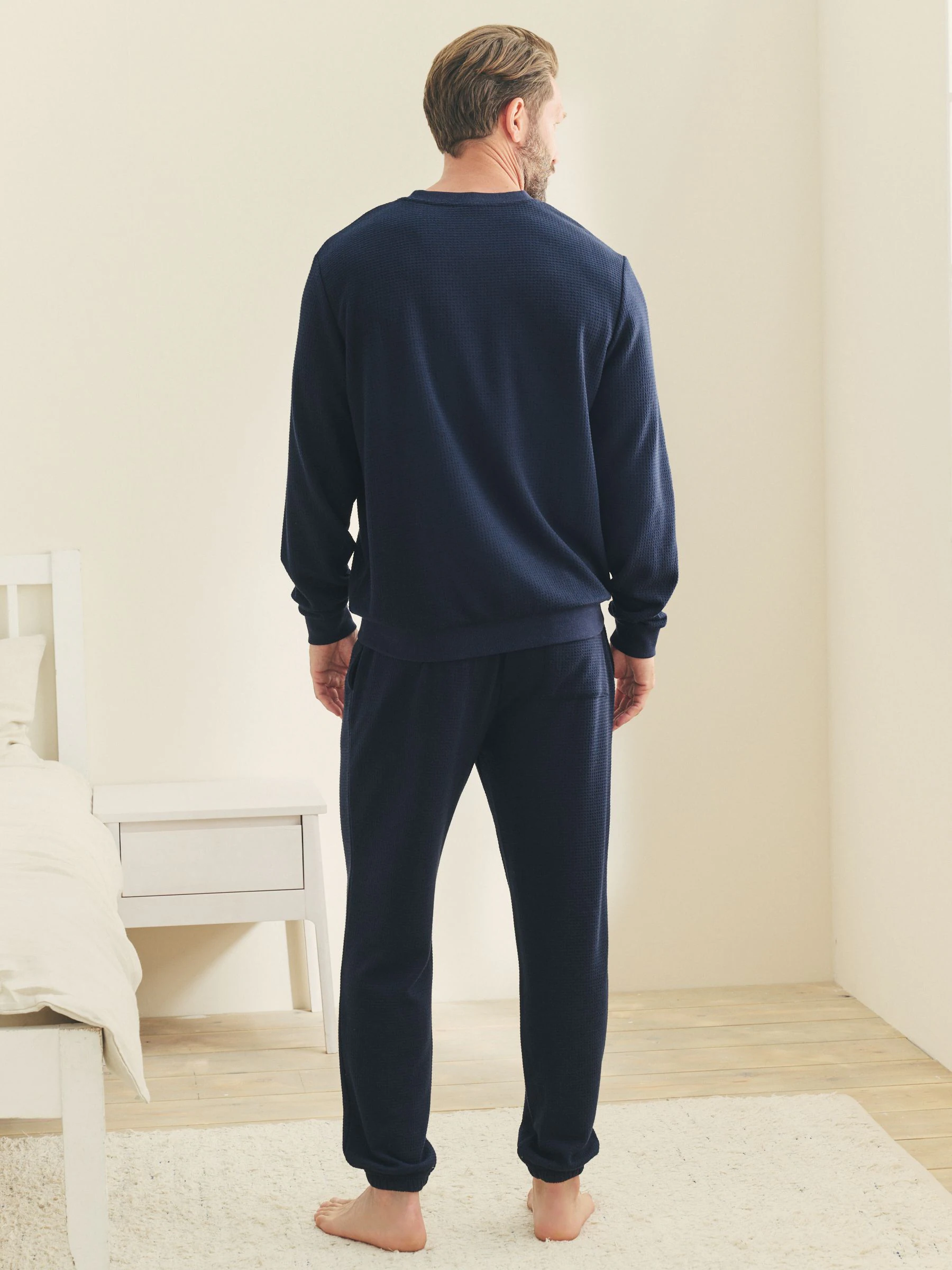 Donkerblauw - Zachte pyjama met top met wafeldessin en lange mouwen