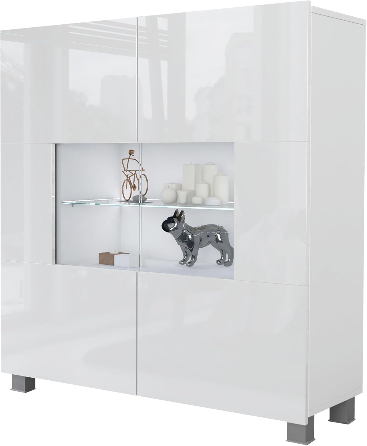 Mirjan24 Kommode Calabrini BR01 mit 2 Türen, Sideboard, Anrichte, 100x107x35 cm, Highboard, Mehrzweckschrank, Wohnzimmer (Weiß/Weiß Hochglanz, mit weißer LED Beleuchtung)