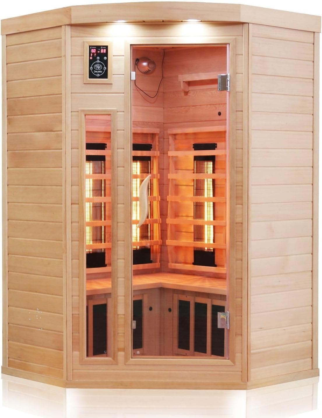 Dewello® Infrarotkabine Infrarotsauna LAKEFIELD 140cm x 140cm für 2-3 Personen aus Hemlock Holz mit Vollspektrumstrahler, LED-Farblicht, Bluetooth, FM,MP3,USB